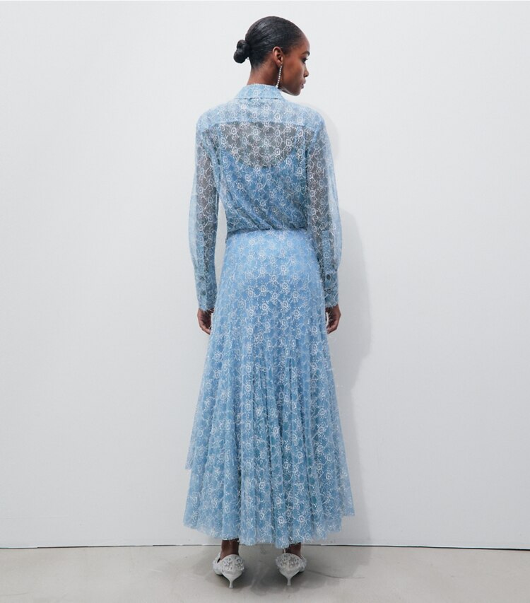 Tory Burch designer oberteile Fil-Coupé-Hemd mit Chantilly-Spitze in Blue Porcelain on model back