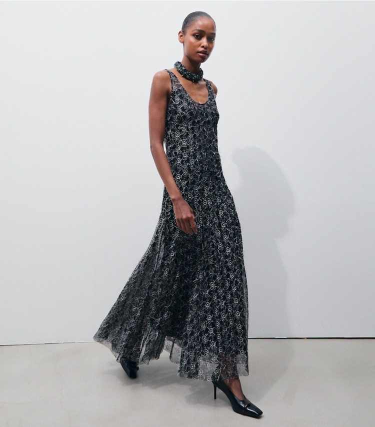 Tory Burch designer kleider Fil-Coupé-Kleid mit Chantilly-Spitze in BLACK modell von vorn