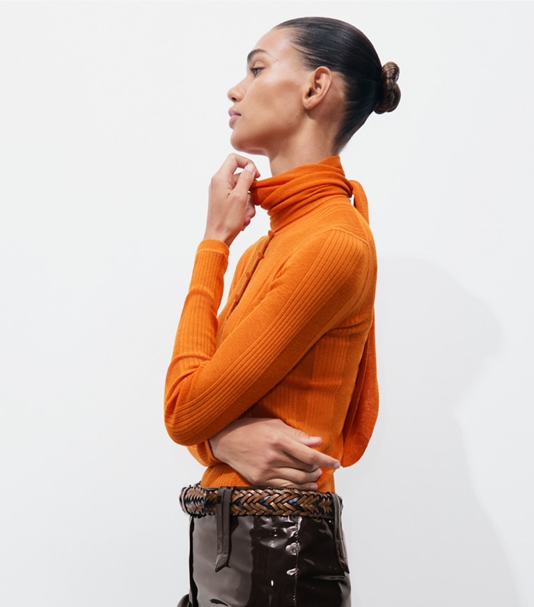 Tory Burch designer sweaters Fine Rib Front-Tie Sweater in Marigold additional on model