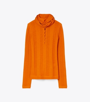 Tory Burch designer sweaters Fine Rib Front-Tie Sweater in Marigold front