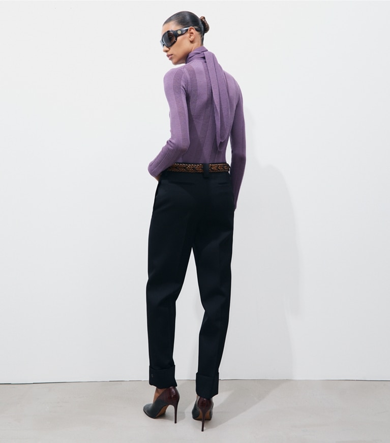 Tory Burch designer sweaters Fine Rib Front-Tie Sweater in Violet on model back