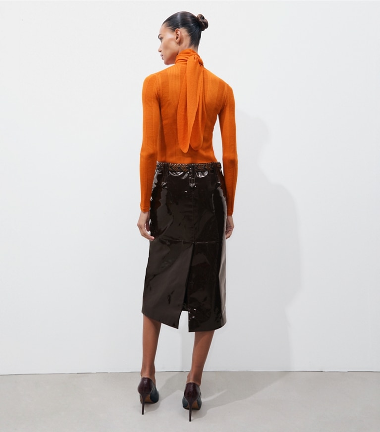 Tory Burch designer sweaters Fine Rib Front-Tie Sweater in Marigold on model back
