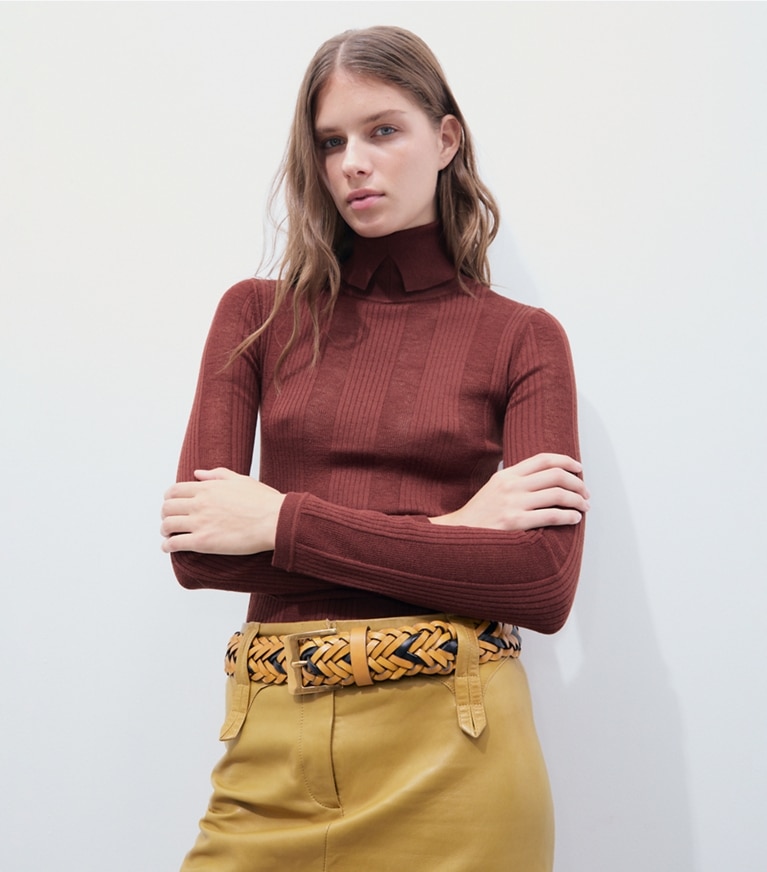 Tory Burch designer sweaters Fine Rib Turtleneck in Rich Mahogany additional on model
