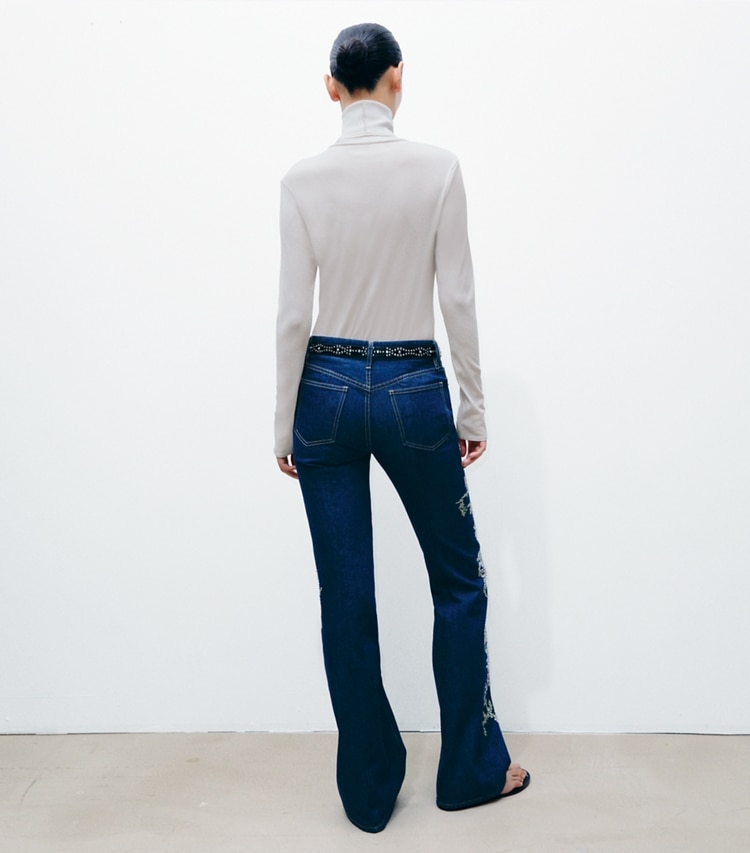 Tory Burch designer tops Fine Rib Turtleneck in Gray Green on model back