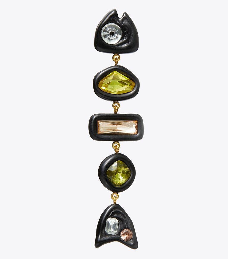 Tory Burch designer earrings Fish Crystal Earrings in Rolled Brass/Matte Black front