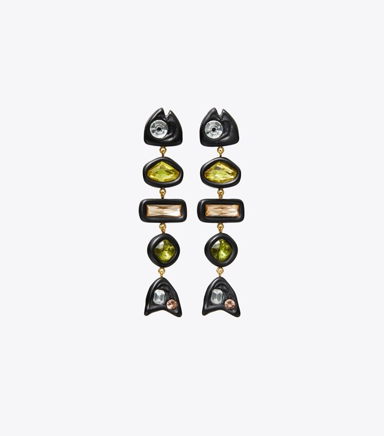 Tory Burch designer earrings Fish Crystal Earrings in Rolled Brass/Matte Black front