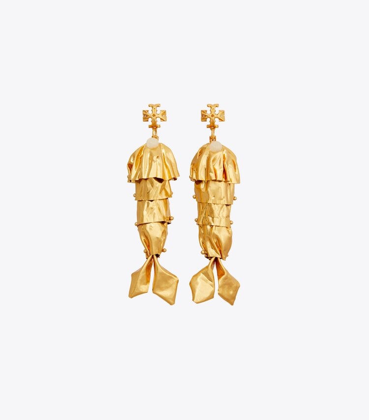 Tory Burch designer earrings Fish Earring in Antique Brass front