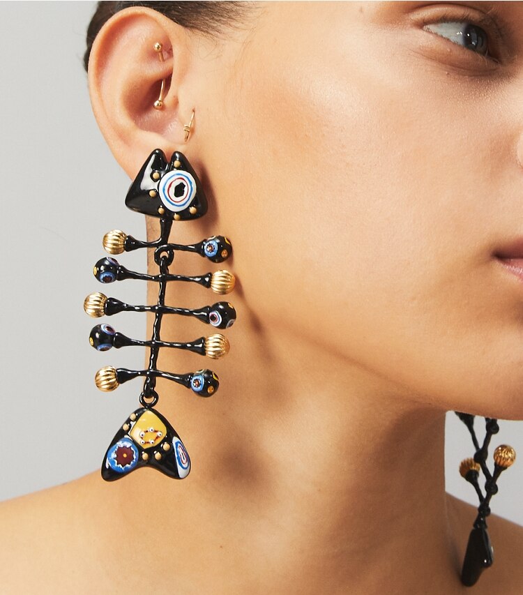 Tory Burch designer earrings Fish Painted Earring in Rolled Brass / Black Multi accessory on model
