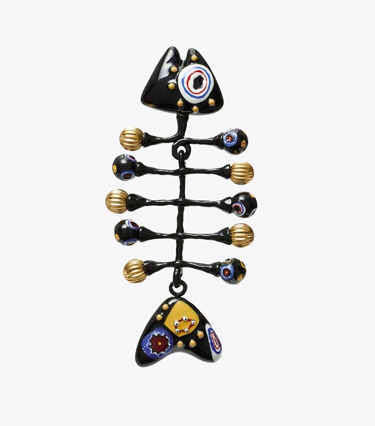 Tory Burch designer earrings Fish Painted Earring in Rolled Brass / Black Multi detail