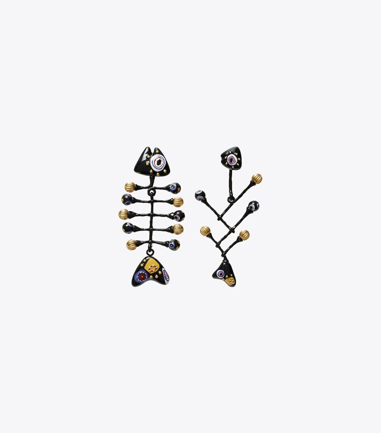 Tory Burch designer earrings Fish Painted Earring in Rolled Brass / Black Multi front