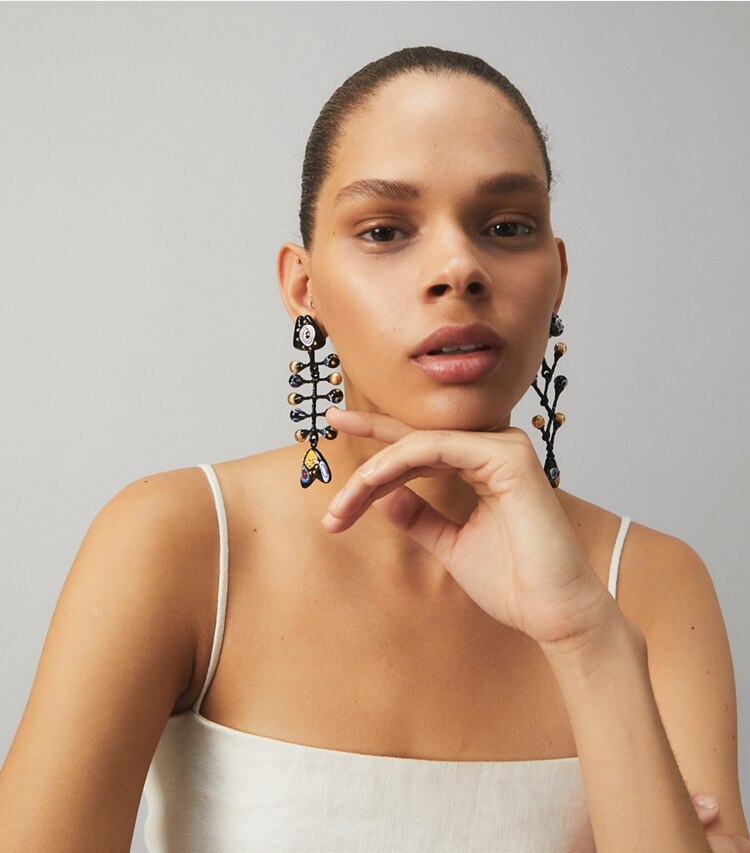 Tory Burch designer earrings Fish Painted Earring in Rolled Brass / Black Multi studio