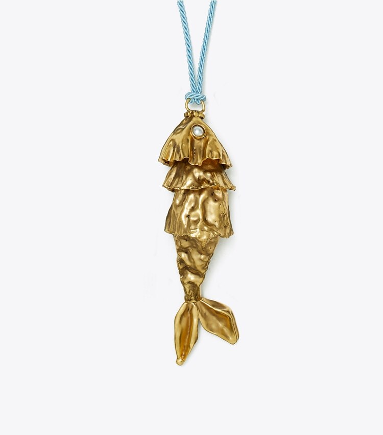 Tory Burch designer necklaces Fish Pendant Necklace in Antique Brass / Powder Blue detail