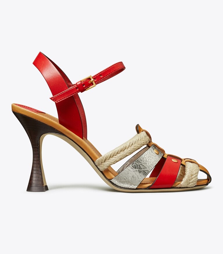 Tory Burch designer サンダル フィッシャーマン ヒール サンダル in FIESTA / PLATINO / BRANDY angle