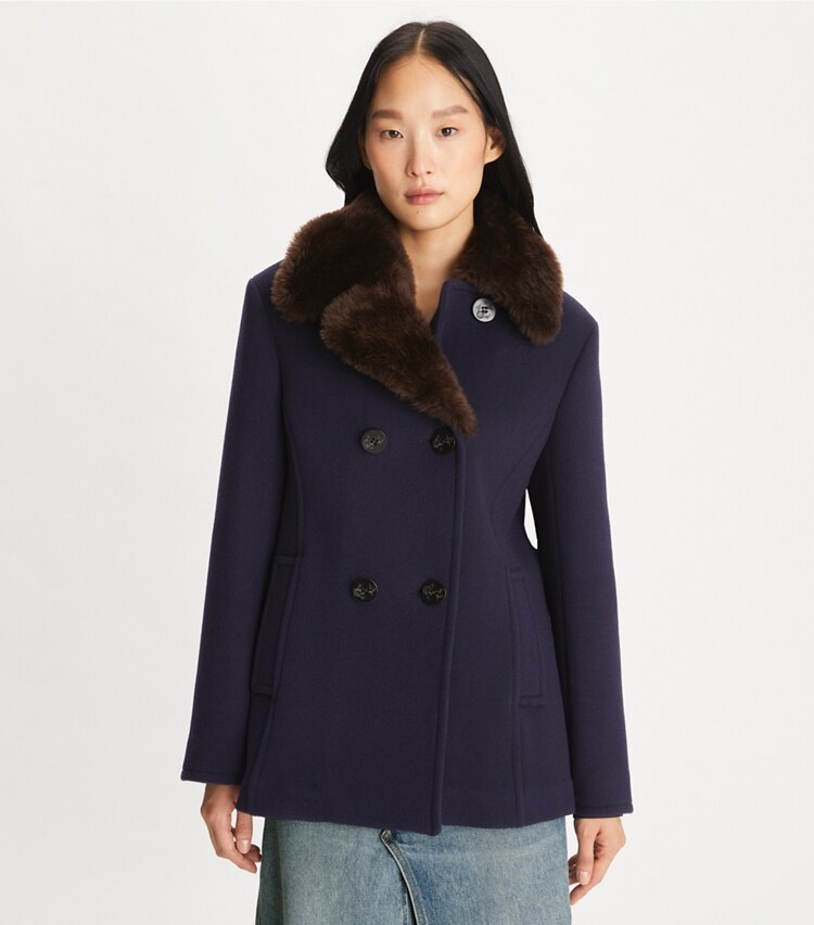 Tory Burch designer jackets Flannel Peacoat in Medium Navy on model detail