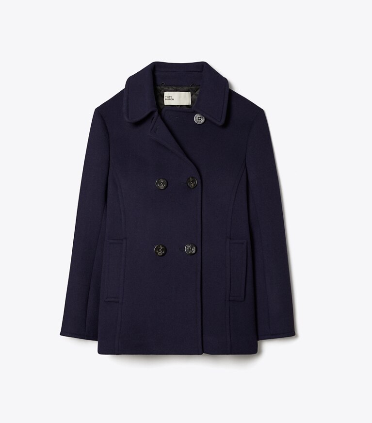 Tory Burch designer jackets Flannel Peacoat in Medium Navy front