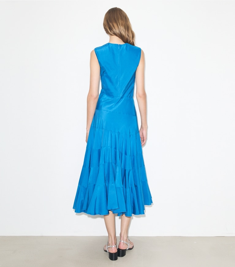 Tory Burch designer dresses Flared Cotton Silk Dress in Bay Blue on model back