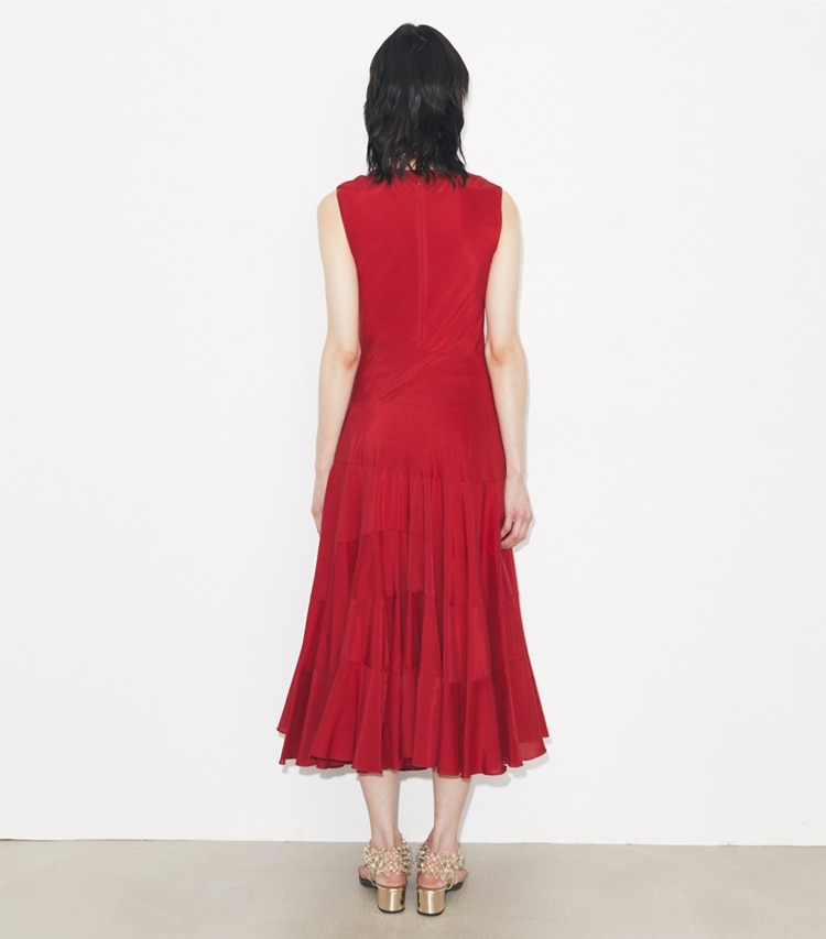 Tory Burch designer dresses Flared Cotton Silk Dress in Toucan Red on model back
