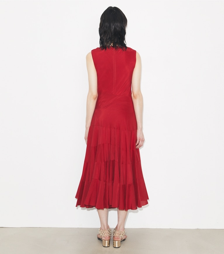 Tory Burch designer dresses Flared Cotton Silk Dress in Toucan Red on model back