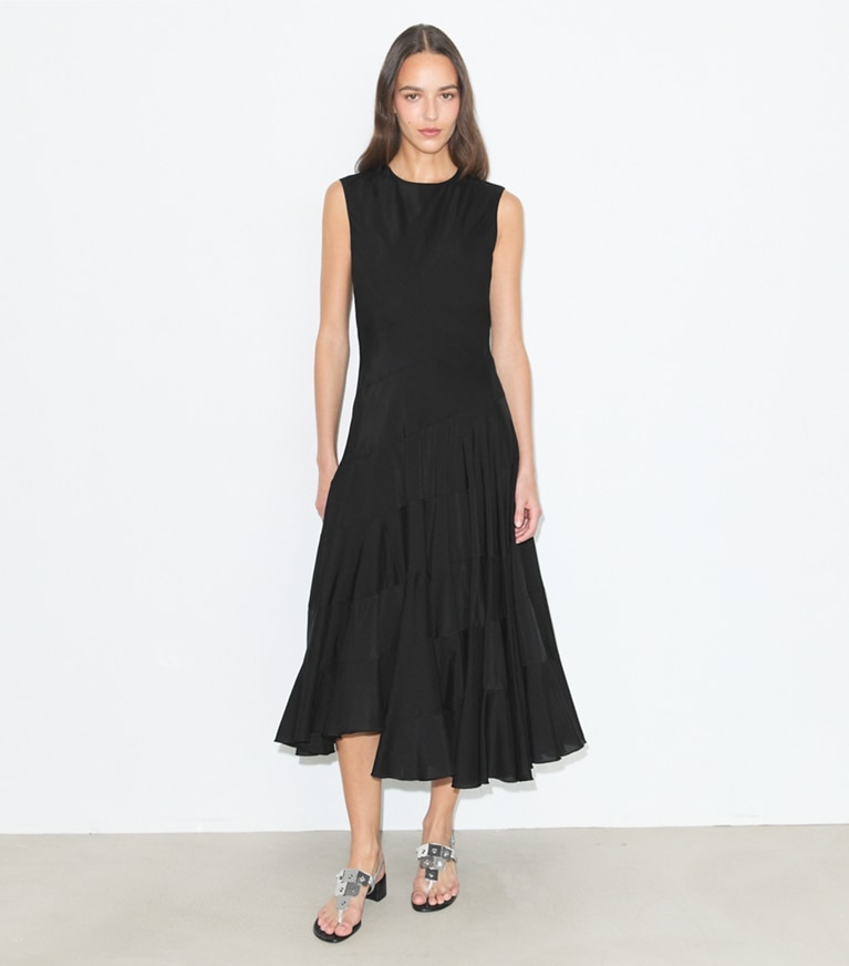 Tory Burch designer ワンピース フレア コットン シルク ドレス in Black モデル前面
