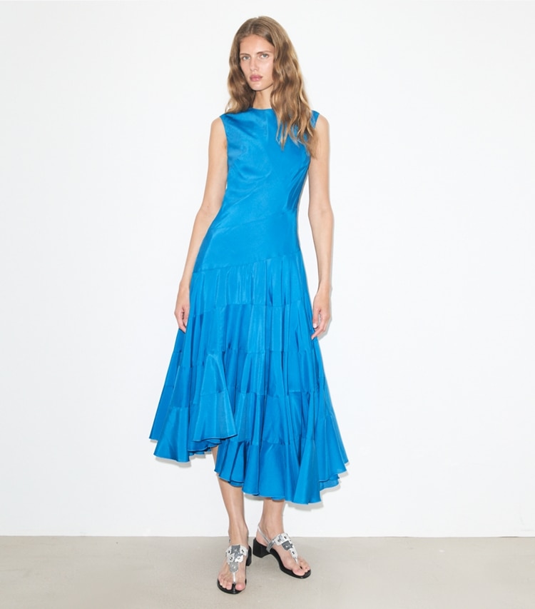 Tory Burch designer dresses Flared Cotton Silk Dress in Bay Blue on model front