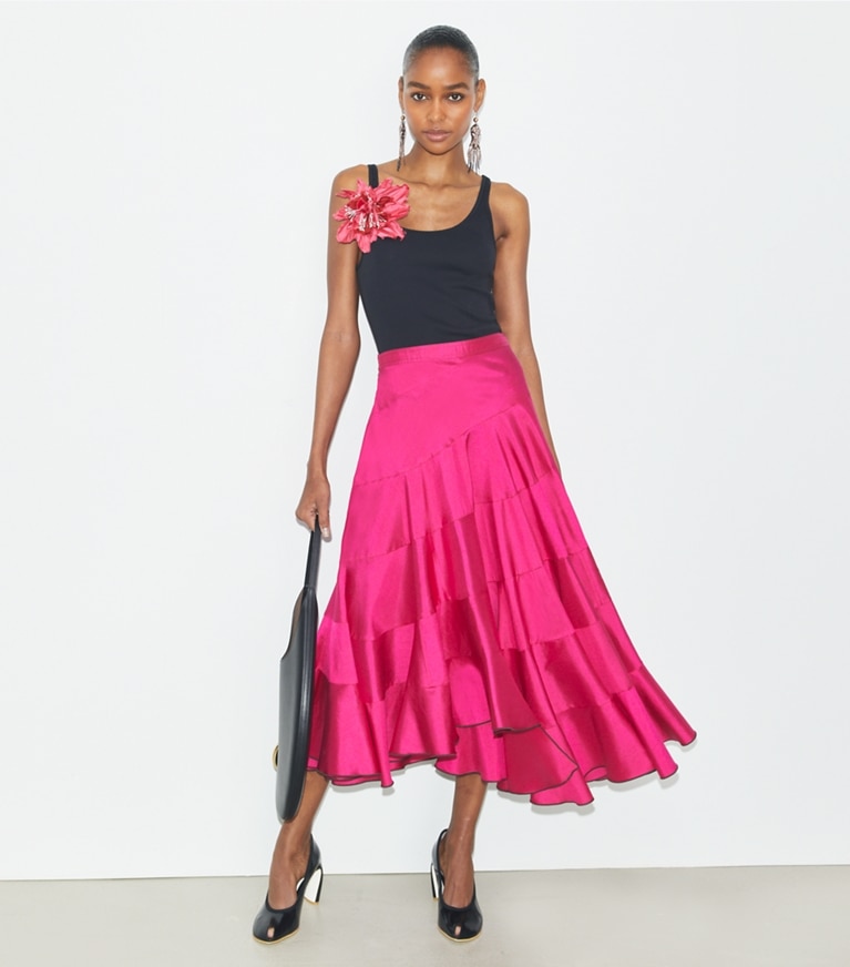 Tory Burch designer bottoms Flared Cotton Silk Skirt in Bold Pink front
