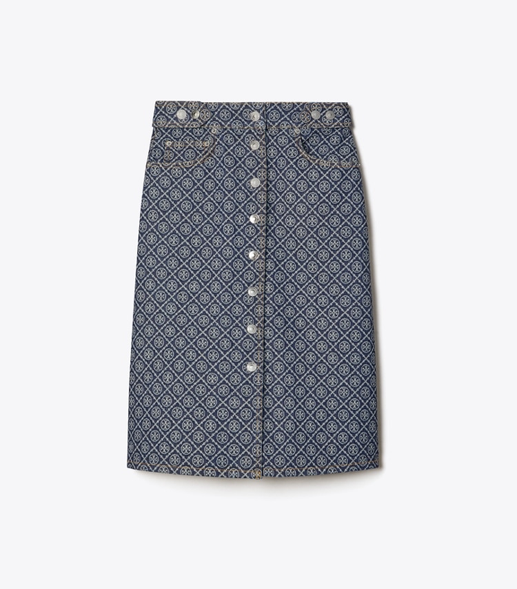 Tory Burch designer bottoms Flared Denim Skirt in T Monogram Stone Wash front