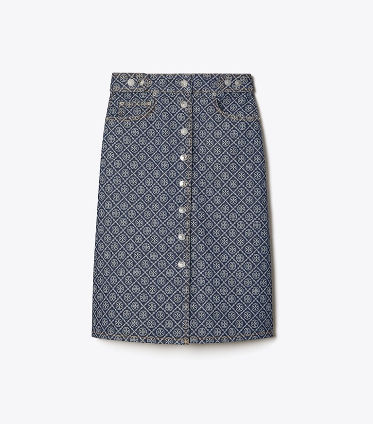 Tory Burch designer bottoms Flared Denim Skirt in T Monogram Stone Wash front