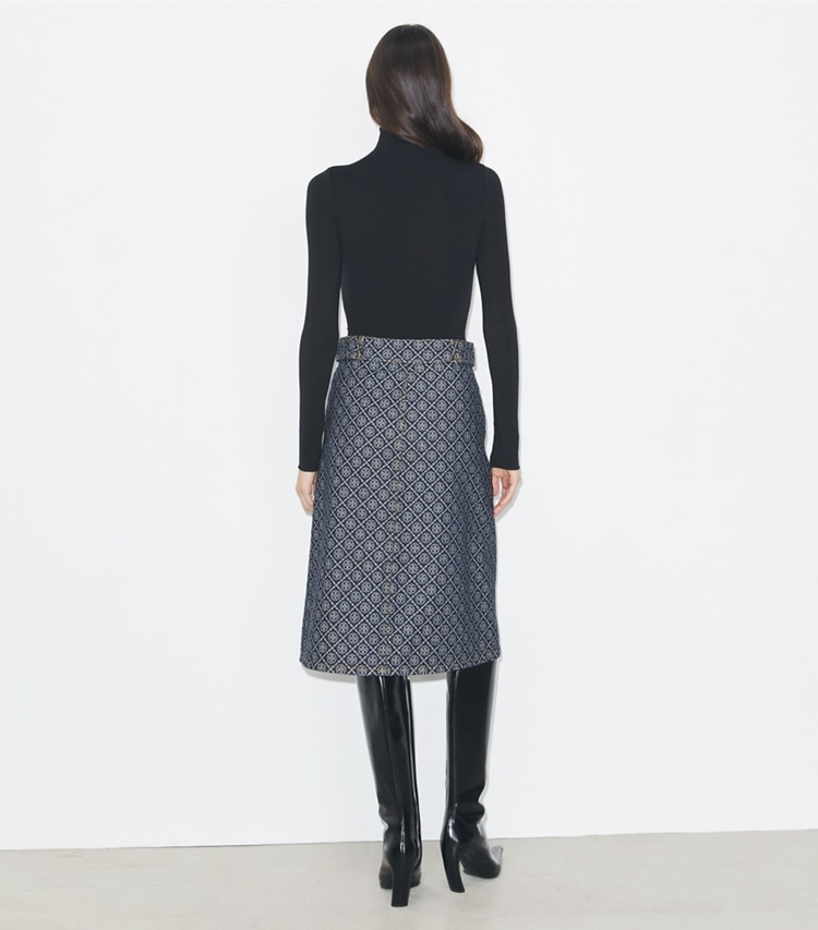Tory Burch designer bottoms Flared Denim Skirt in T Monogram Stone Wash on model back