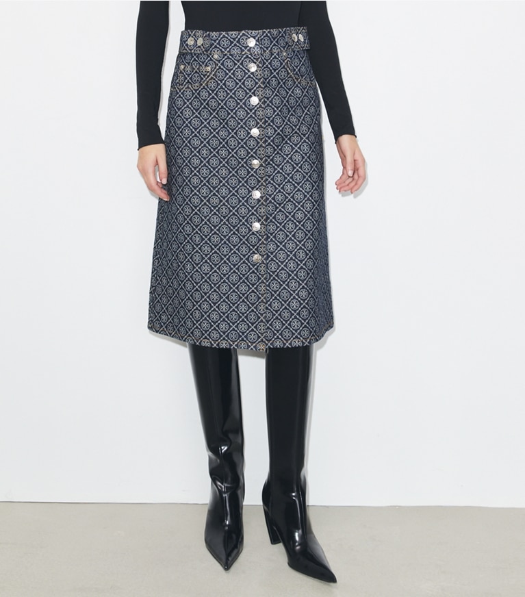 Tory Burch designer bottoms Flared Denim Skirt in T Monogram Stone Wash front