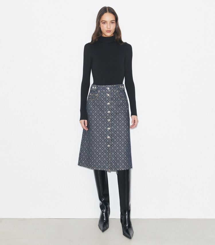 Tory Burch designer bottoms Flared Denim Skirt in T Monogram Stone Wash on model front