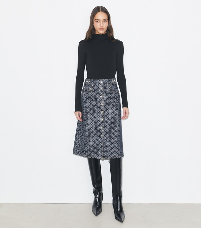 Tory Burch designer bottoms Flared Denim Skirt in T Monogram Stone Wash front