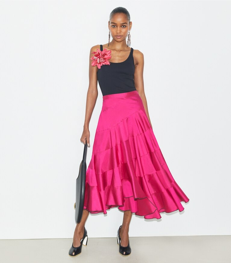 Tory Burch designer bottoms Flared Silk Skirt in Bold Pink additional on model