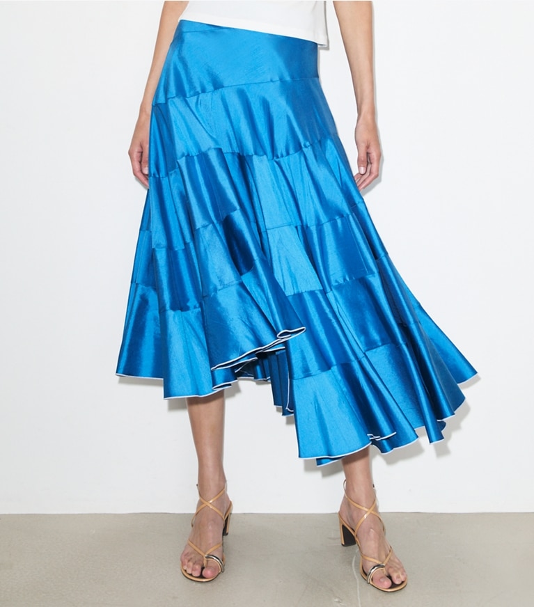 Tory Burch designer bottoms Flared Silk Skirt in Bay Blue on model detail