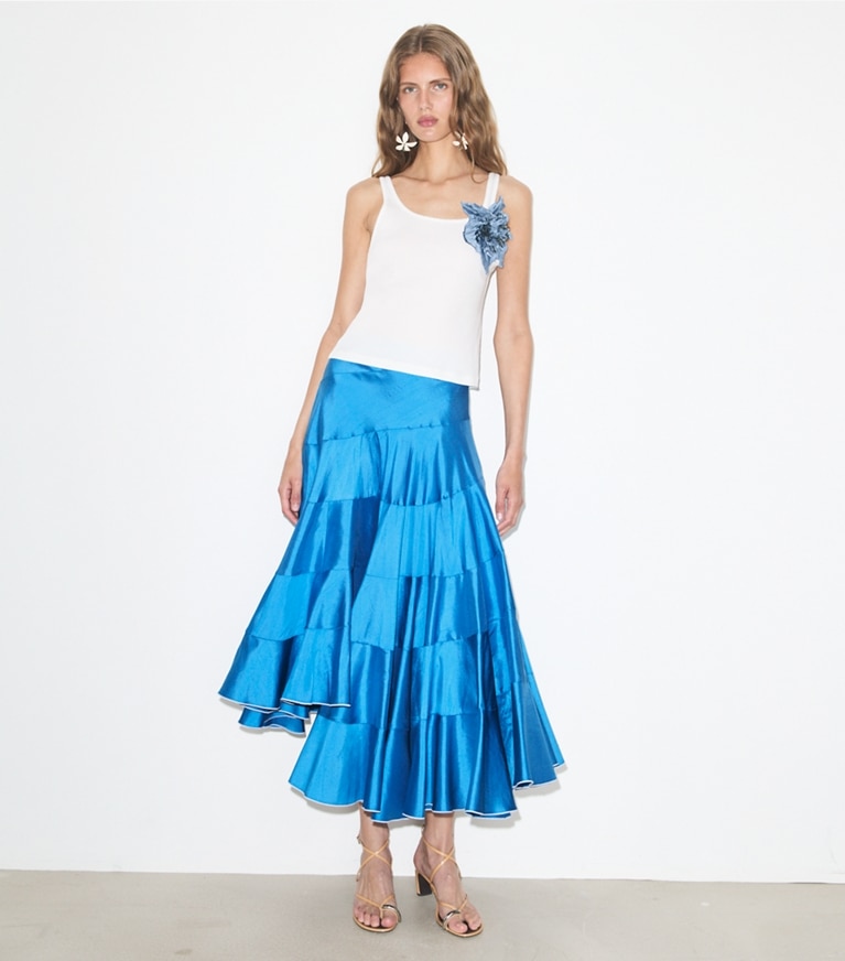 Tory Burch designer bottoms Flared Silk Skirt in Bay Blue on model front