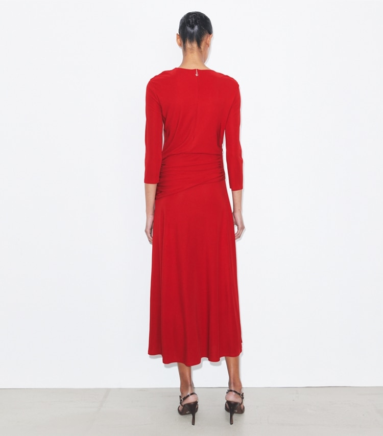 Tory Burch designer dresses Flared Viscose Dress in Toucan Red on model back