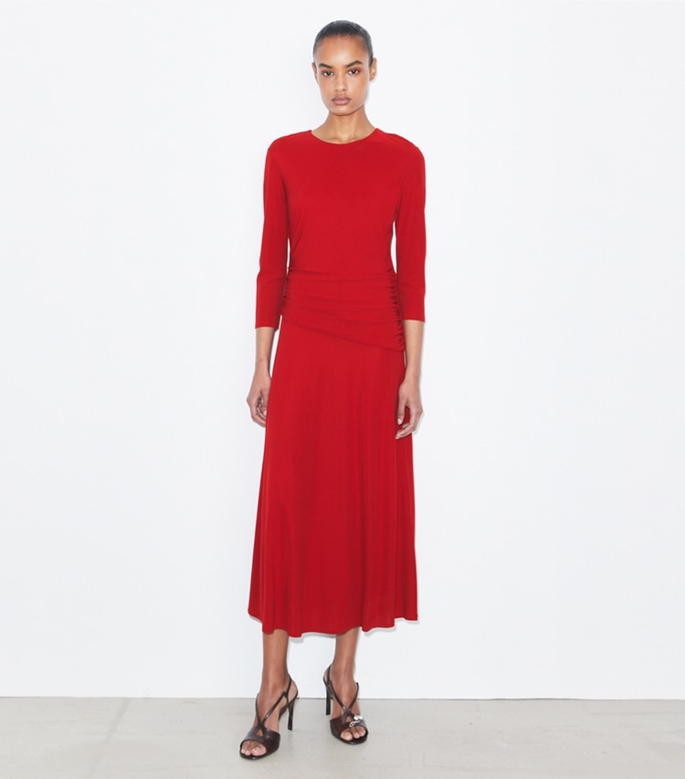 Tory Burch designer dresses Flared Viscose Dress in Toucan Red on model front
