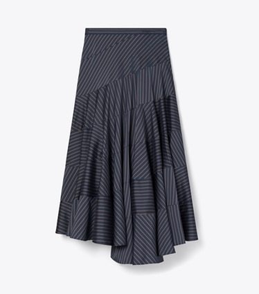 Tory Burch designer bottoms Flared Viscose Skirt in Navy/Yellow/Red Menswear Stripe Lining front