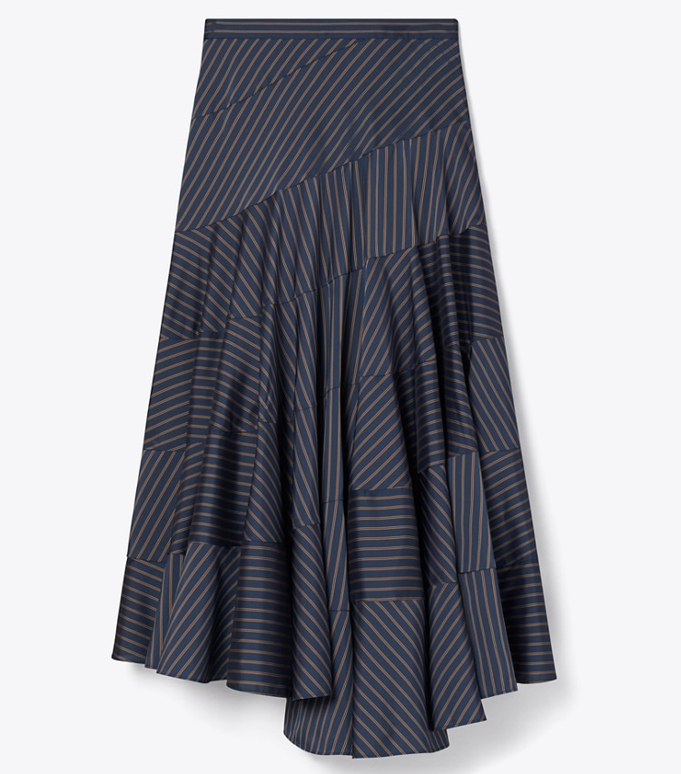 Tory Burch designer bottoms Flared Viscose Skirt in Navy/Yellow/Red Menswear Stripe Lining front