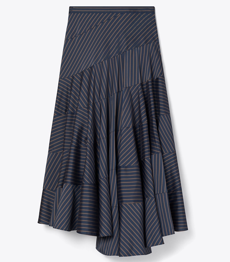 Tory Burch designer bottoms Flared Viscose Skirt in Navy/Yellow/Red Menswear Stripe Lining front