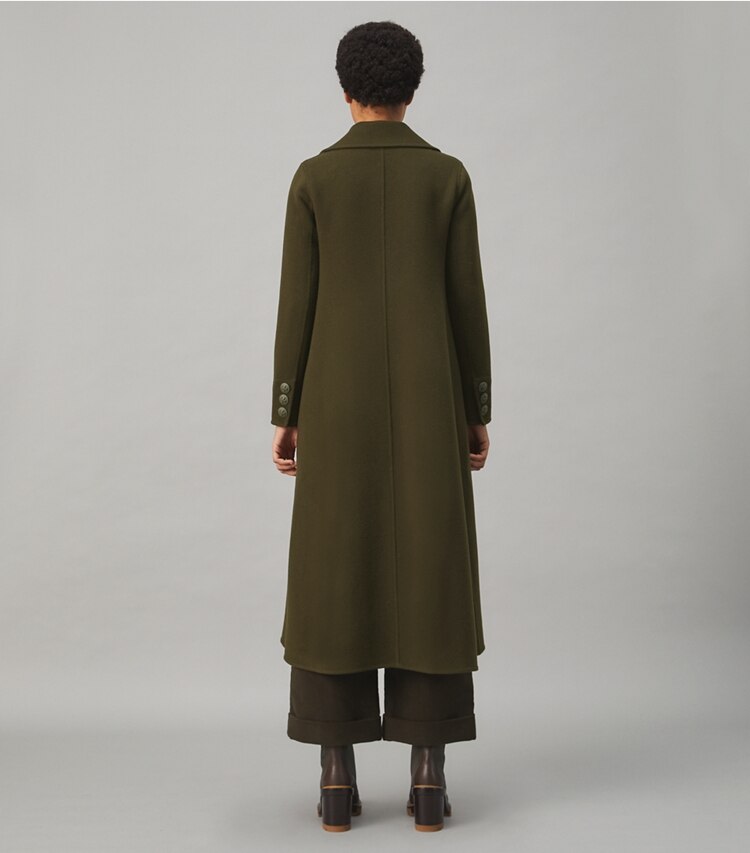 Tory Burch designer coats Flared Wool Coat in Lush Olive on model back