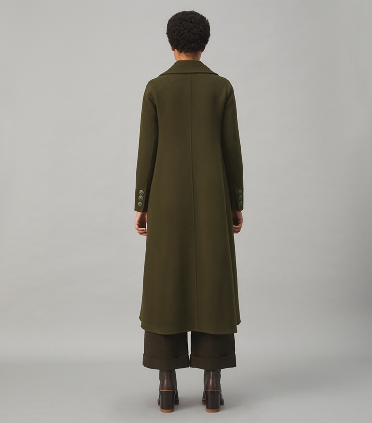 Tory Burch designer coats Flared Wool Coat in Lush Olive front