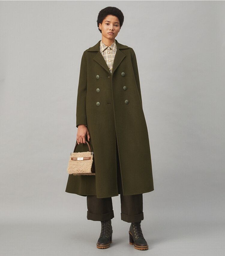 Tory Burch designer coats Flared Wool Coat in Lush Olive on model front