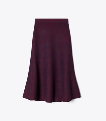 Tory Burch designer bottoms Flared Wool Skirt in Red Begonia / Evening Blue front