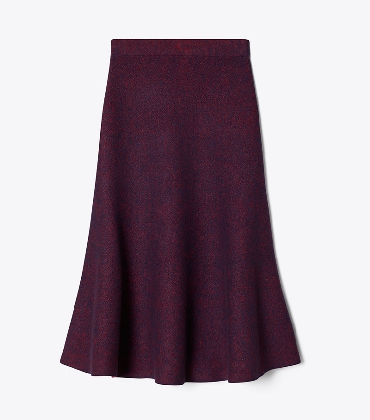 Tory Burch designer bottoms Flared Wool Skirt in Red Begonia / Evening Blue front
