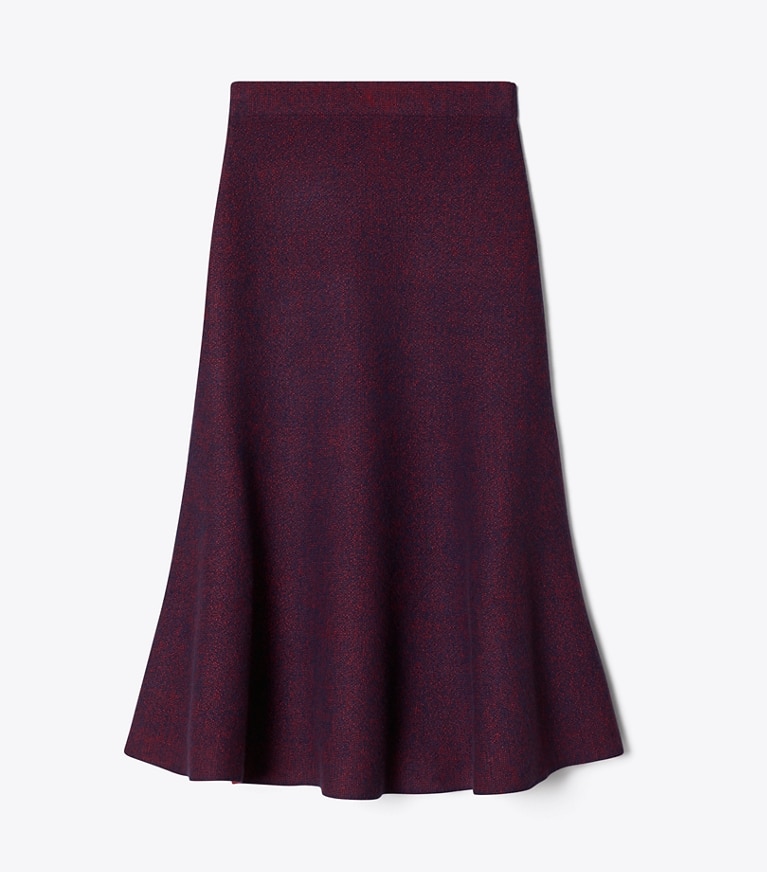 Tory Burch designer bottoms Flared Wool Skirt in Red Begonia / Evening Blue front