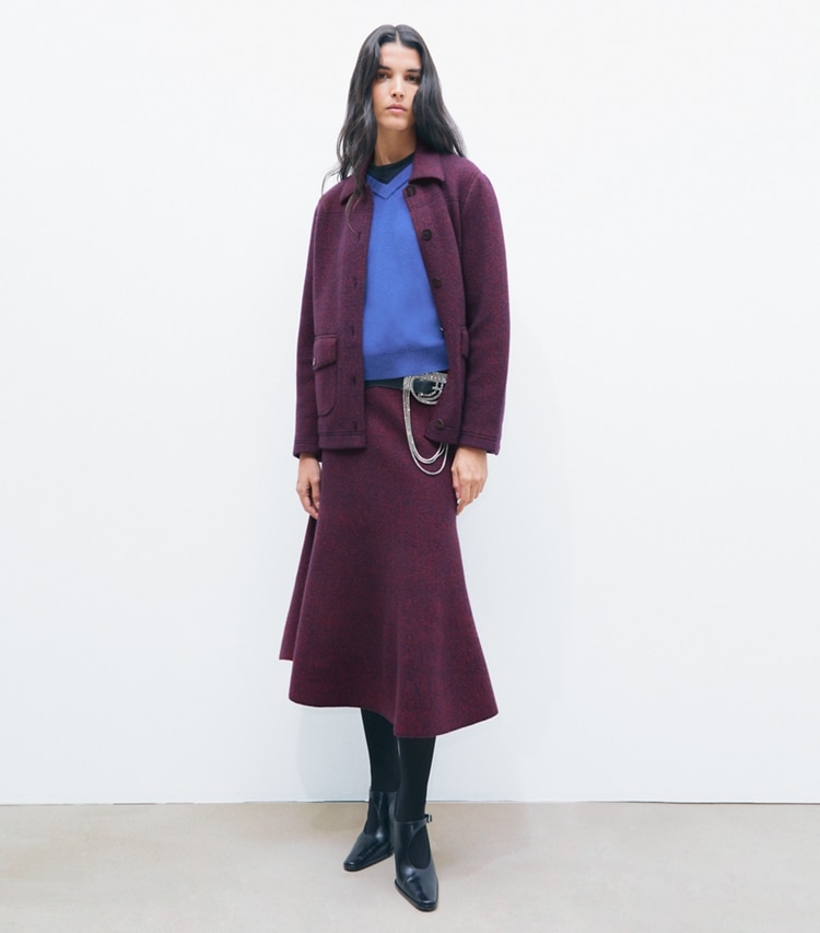 Tory Burch designer bottoms Flared Wool Skirt in Red Begonia / Evening Blue on model front