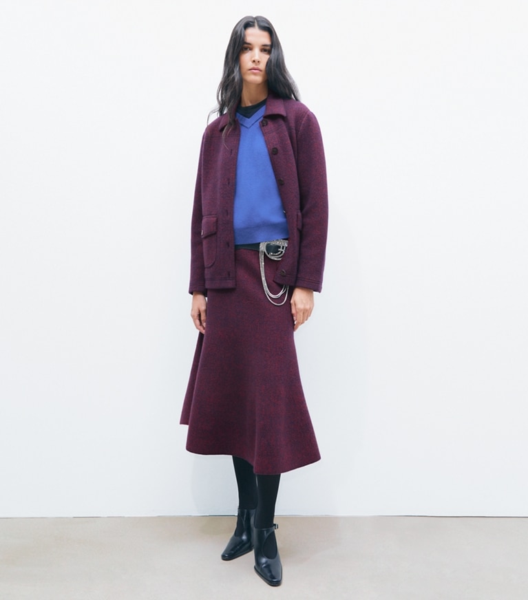 Tory Burch designer bottoms Flared Wool Skirt in Red Begonia / Evening Blue on model front