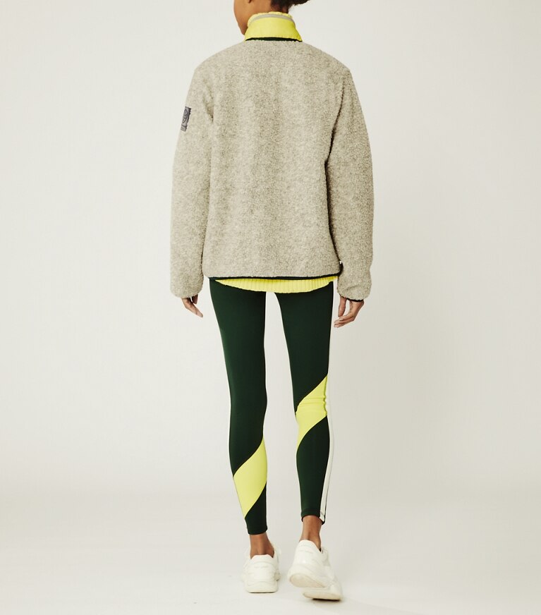 Tory Sport designer coats Fleece Colorblock Jacket in Medium Grey Heather on model back