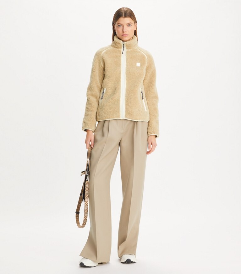 Tory Burch designer coats Fleece Jacket in Oatmeal / Cream front
