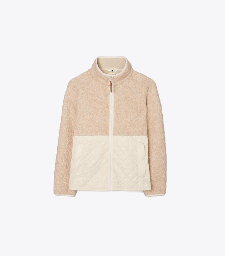 Tory Sport designer coats Fleece Quilted Jacket in Natural Heather / French Cream front